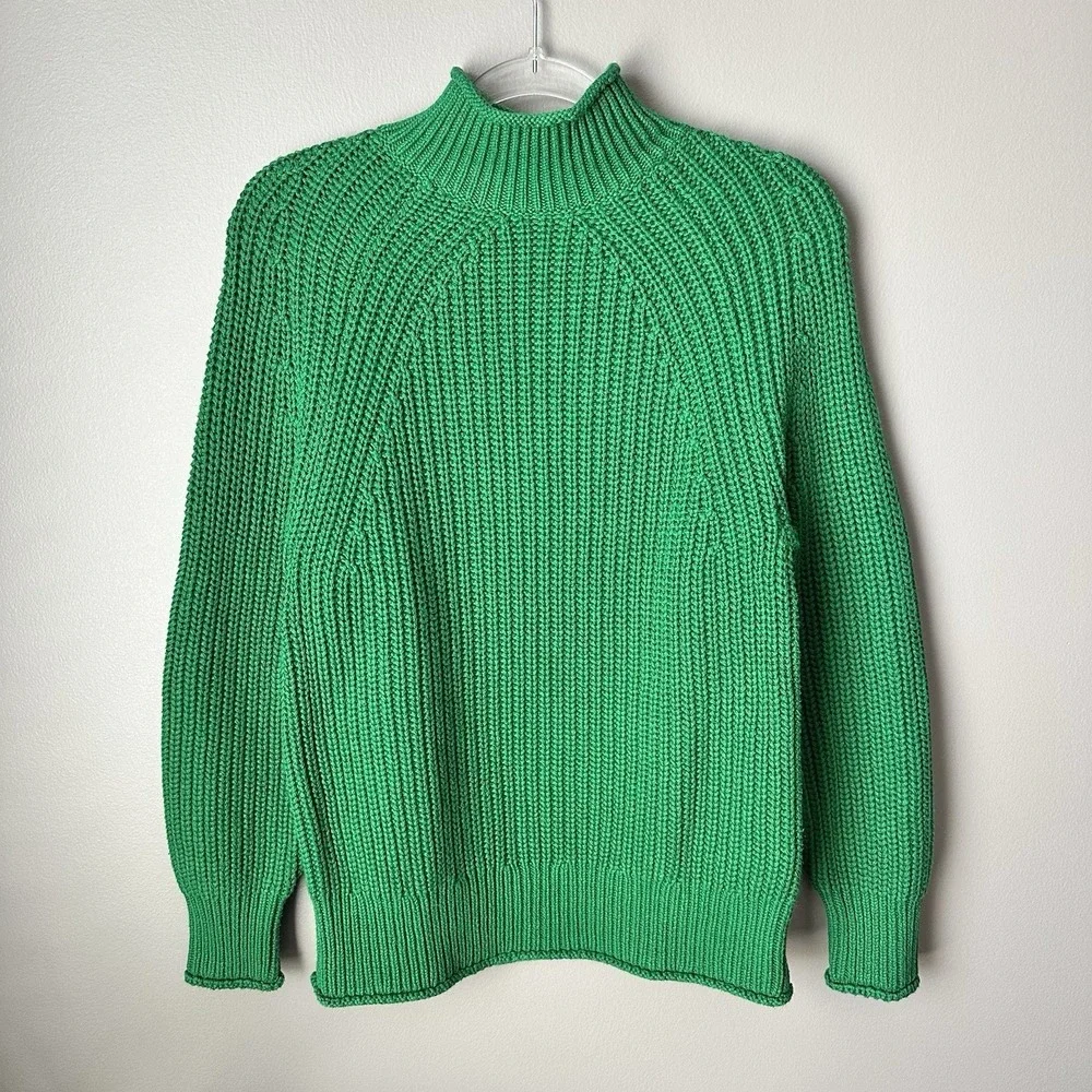J. CREW Relaxed Rollneck Cotton Sweater Size XS Oversized Cotton JUNGLE GREEN